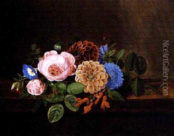 Opstilling Med Roser, Georginer Og Fuchsia Pa En Karm Oil Painting - Charles Auguste Guillaume Steuben