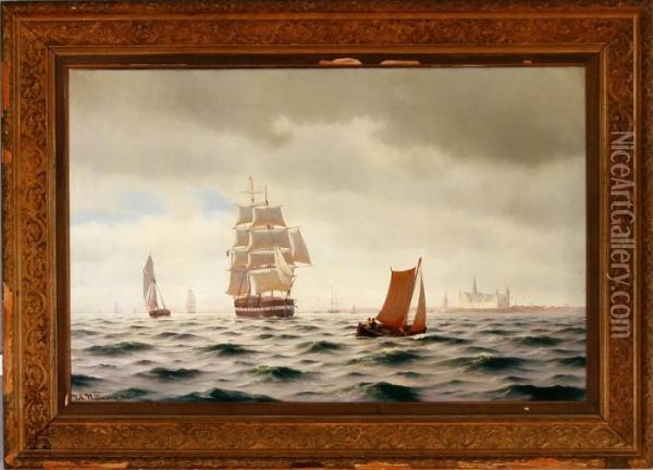 A Marine With Sailing Ships 
Along The Coast Of Elsinore Castle, Denmark. Signed And Dated Joh. 
Neumann 1902 Oil Painting - Carl Johan Neumann