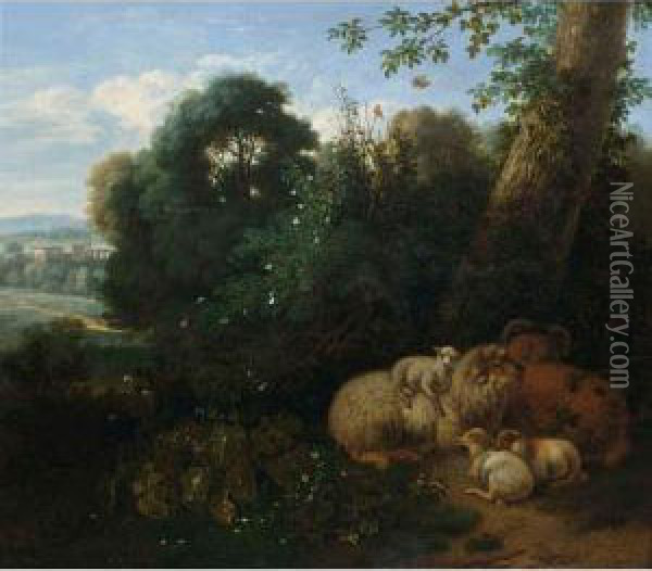 A Flock Of Sheep Under A Tree With A Classical Landscape Beyond Oil Painting - Jan Vermeer Van Delft