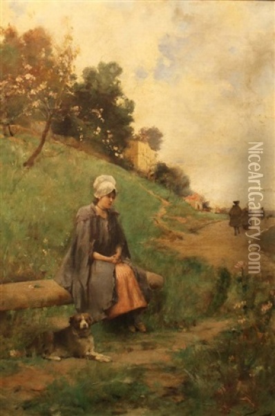 La Jeune Fille Et Le Chien Oil Painting - Emile Auguste Pinchart