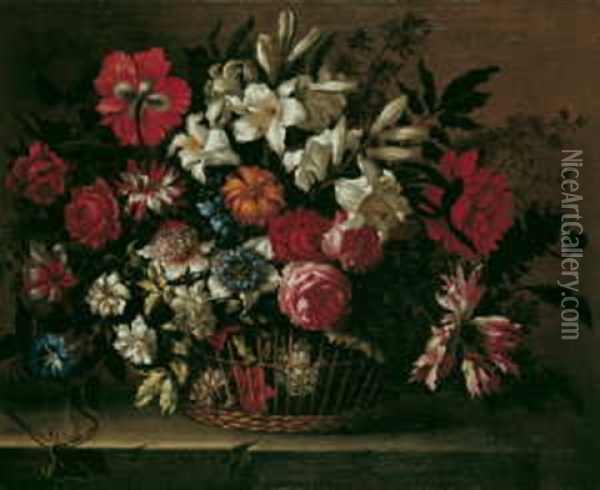 Ein Blumenarrangement In Einem Korb Auf Einer Steinplatte Oil Painting - Bartolome Perez