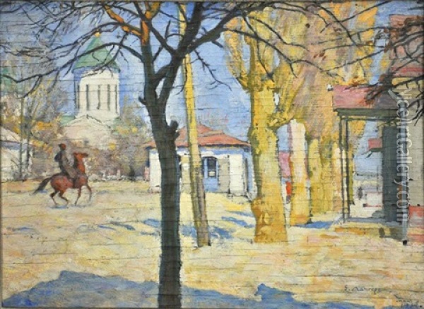 Temir-khan-choura (cavalier Sur La Place Du Village) Oil Painting - Evgeni Evgen'evich Lansere