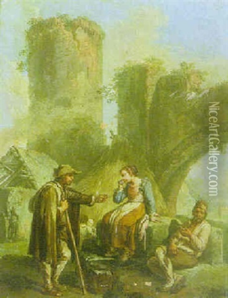 A Genre Scene With Peasants Resting, Ruins Beyond Oil Painting - Paolo Monaldi