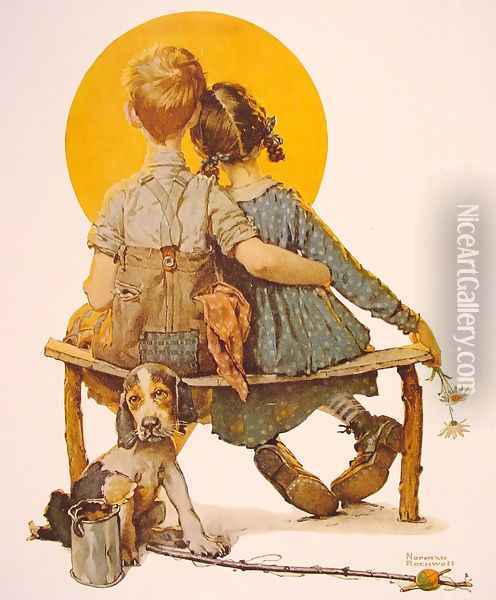 Boy and girl gazing al the moon (puppy love) Oil Painting - Norman Rockwell