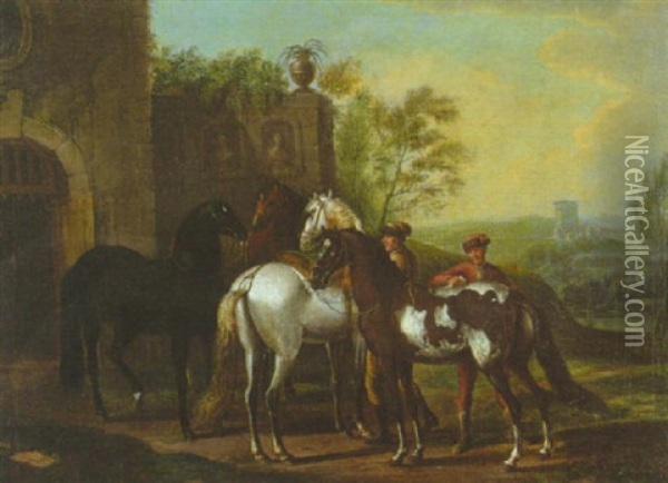 Zwei Reitknechte Mit Vier Pferden Vor Dem Portal Eines Schlosses Oil Painting - Dismar Degen
