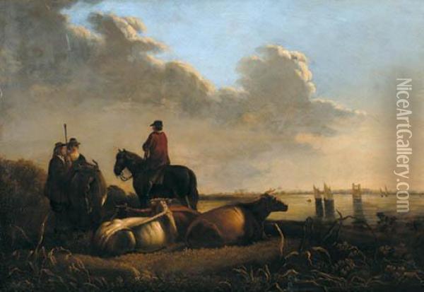 Paysans Et Leur Troupeau Sur Les Bords De La Merwede Oil Painting - Jacob Van Stry