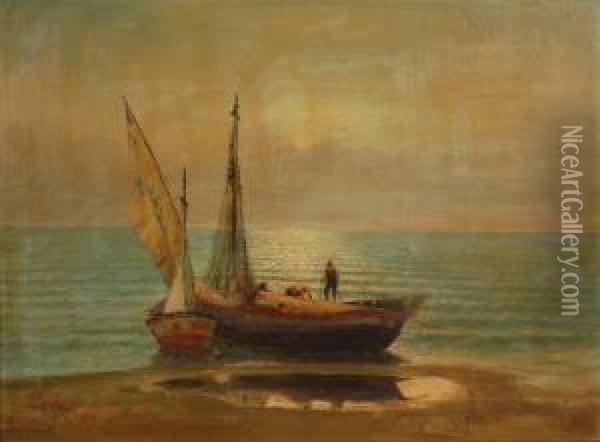 Barche Al Tramonto Oil Painting - Lucius Rossi
