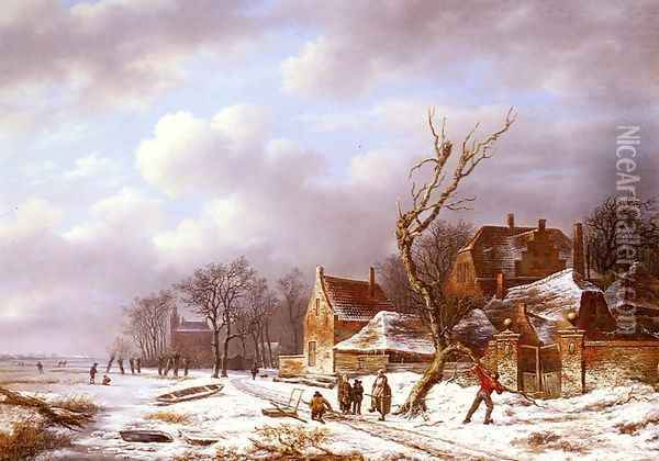 Gathering Wood In A Winter Landscape Oil Painting - Pierre Francois de Noter