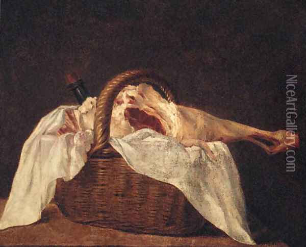 A leg of lamb and a wine bottle in a basket on a ledge Oil Painting - Jean-Baptiste-Simeon Chardin
