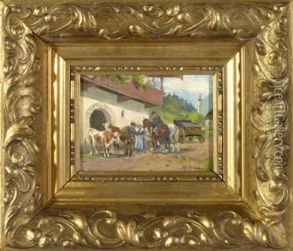 Bauerin Und Zwei Bauern Mit Je Zwei Kuhen Und Pferden Vor Einem Bauernhaus Oil Painting - Georg Hemmrich