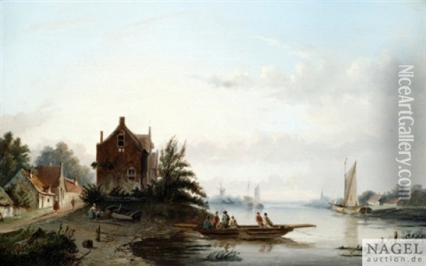 Kanallandschaft Mit Booten, Hausern Und Windmuhle Oil Painting - Jan Jacob Coenraad Spohler