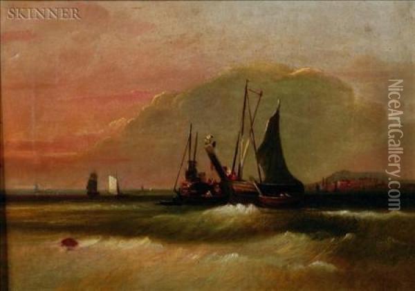 Luggers Exchanging Cargo At Boston Outer Harbor Oil Painting - William Otis Bemis