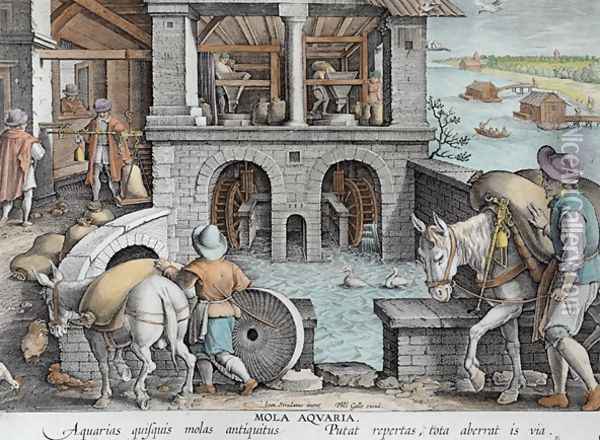 A Water Mill, plate 11 from Nova Reperta New Discoveries engraved by Philip Galle 1537-1612 c.1600 Oil Painting - Giovanni Stradano