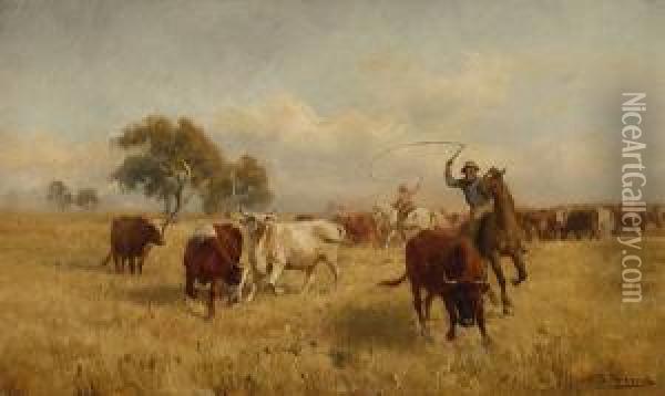 Mustering Cattle Oil Painting - Jan Hendrik Scheltema