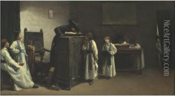 Rabbinical Students In A Classroom Oil Painting - Edouard J. Emile Brandon