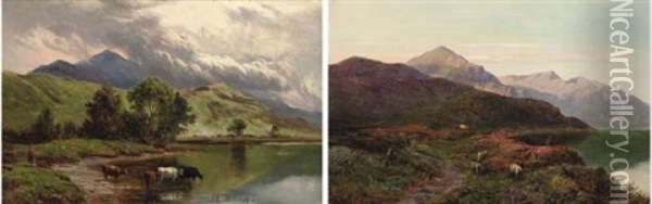 Angling At Sunset, Llyn Orthill, North Wales (+ Cattle Watering, Llyn Orthill, North Wales; 2 Works) Oil Painting - Sidney Richard Percy