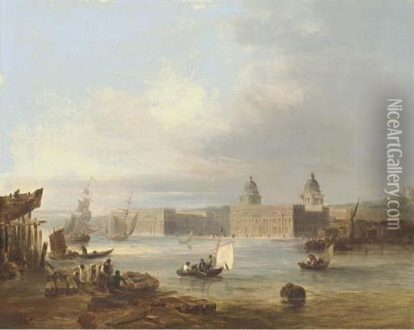 The Royal Naval College, Greenwich, From The Thames, The Royalobservatory Beyond Oil Painting - Edward Pritchett