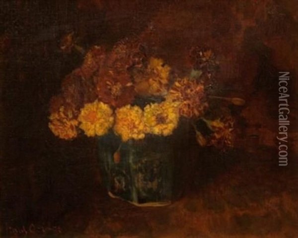 Marigolds In A Green Vase Oil Painting - Frans David Oerder