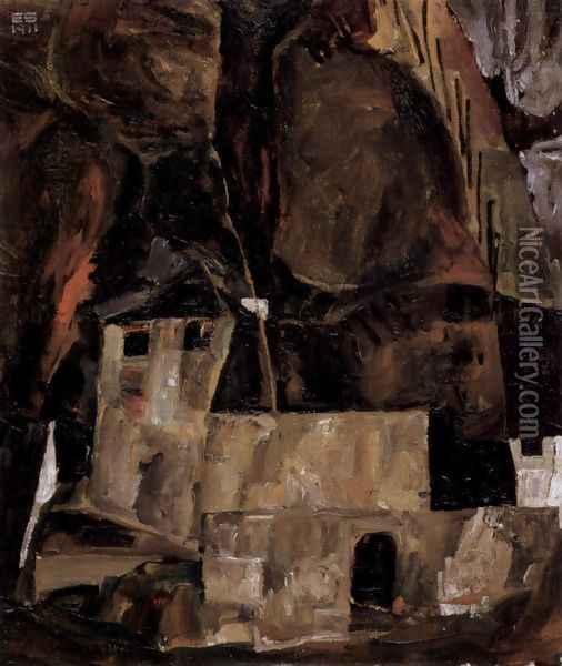Wall and house before hügligem ground with fence Oil Painting - Egon Schiele
