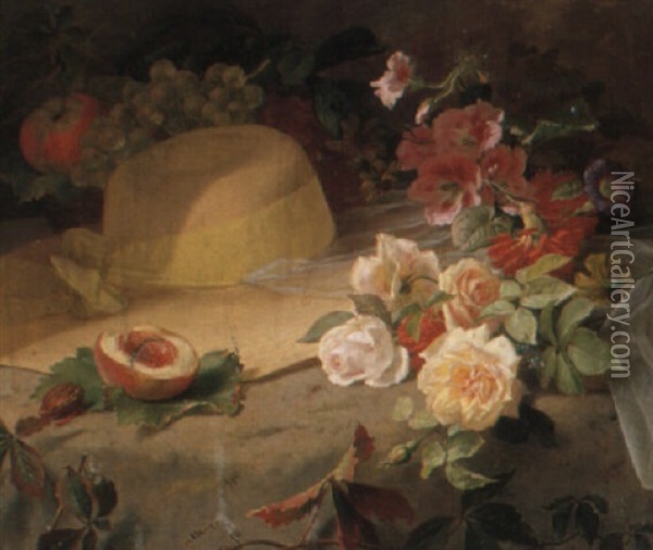 Flowers On A Straw Hat Oil Painting - Carl Leopold Voss