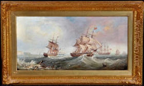 Sailing Ships Off A Coast Oil Painting - John Scott
