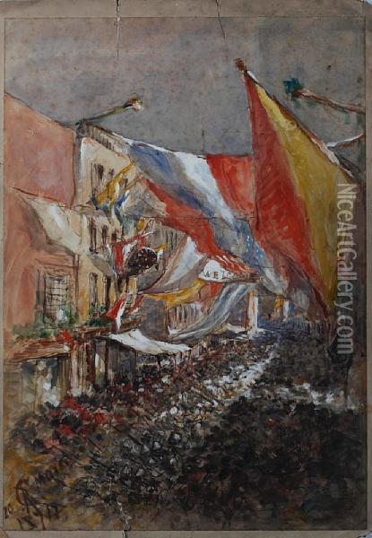 Crowded Street Scene Decked Out Withflags Oil Painting - Robert Charles, Goff Col.