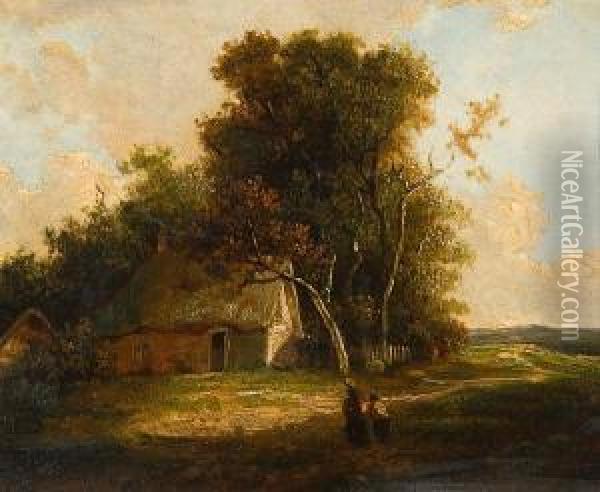 Figures On A Path Before A Cottage Oil Painting - John Berney Crome