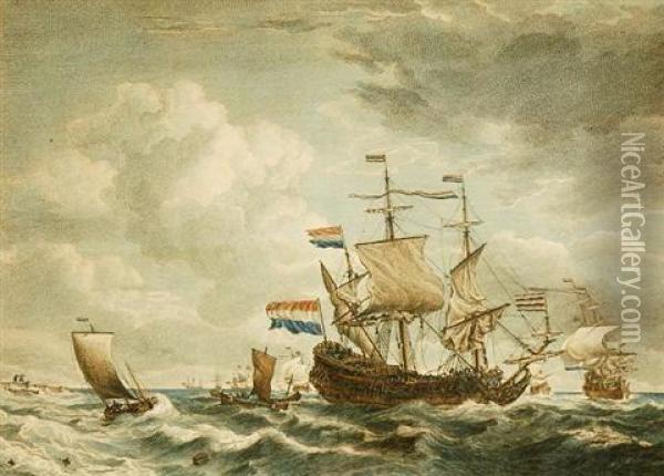 Naval Battle Scene. Oil Painting - John Boydel