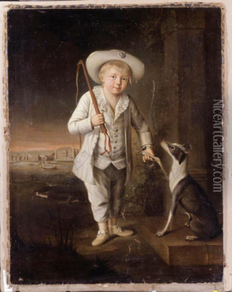 Portrait Of A Boy With A Whippet, An Eastern European City Beyond Oil Painting - Richard Brompton