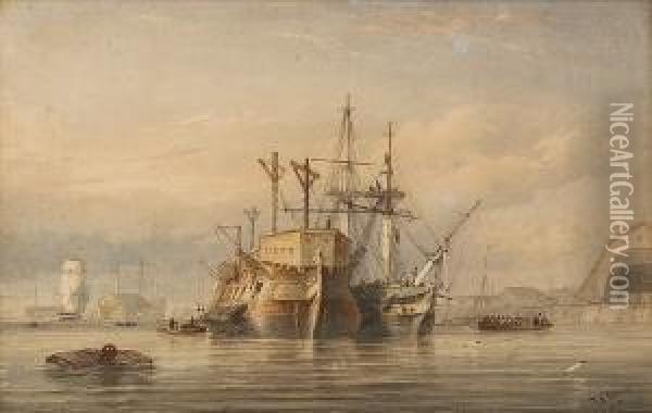 A Frigate Refitting Alongside A Hulk In Devonport Oil Painting - Thomas Sewell Robins