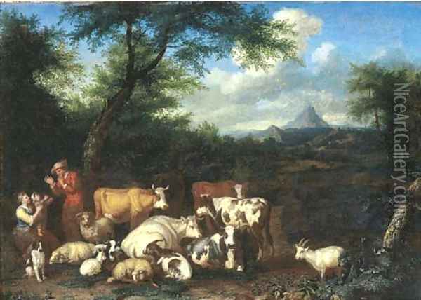 A wooded landscape with a herdsman and shepherdess resting with their flocks Oil Painting - Jan van Gool