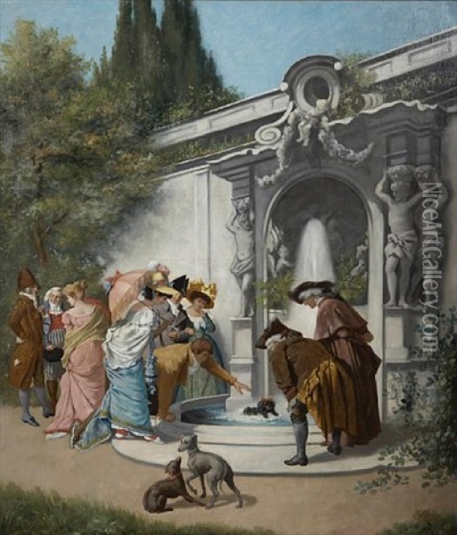 Figures Gathered Around A Garden Fountain Oil Painting - Albert Francois Fleury