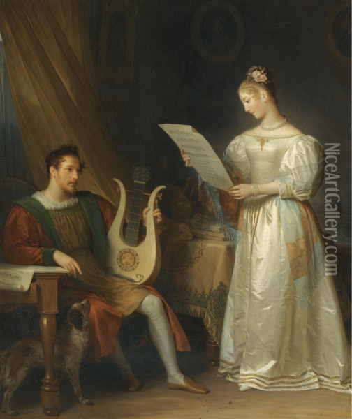 Interior With A Man Holding A Lyre And A Woman With A Music Score Oil Painting - Marguerite Gerard