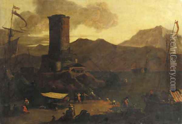 A Mediterranean coastal landscape with fishermen and merchants on a quay by a ruined tower, at sunset Oil Painting - Adriaen Van Der Kabel