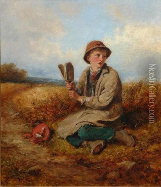 Boy Seated In A Field, Holding A Bird Scarer. Oil Painting - John Wells Smith