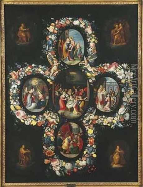 Scenes De La Vie De La Vierge Entourees De Guirlande De Fleurs Oil Painting - Andries Daniels