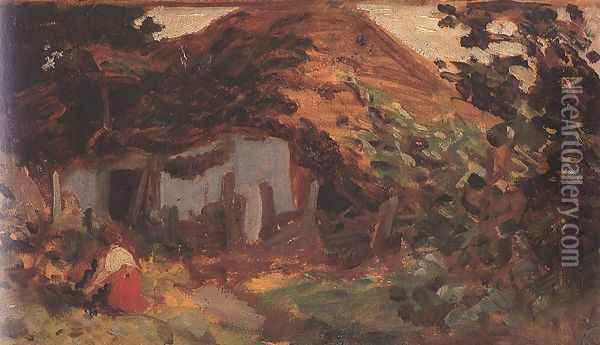 Farm-yard with Girl in Red Skirt 1885-90 Oil Painting - Bertalan Szekely