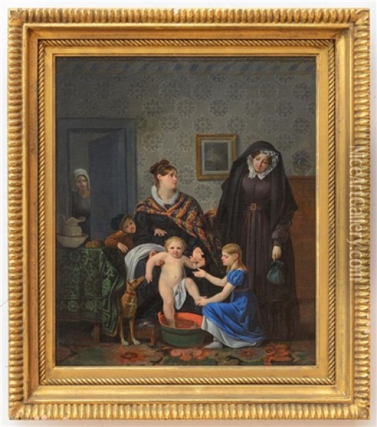 Bathing A Baby Oil Painting - Pierre Joseph Celestin Francois