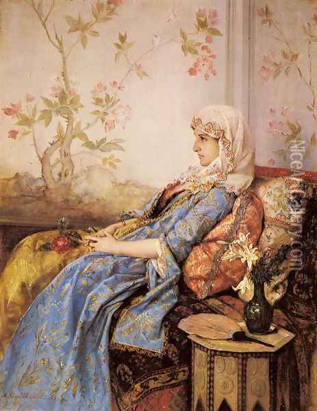 An Exotic Beauty in an Interior Oil Painting - Auguste Toulmouche