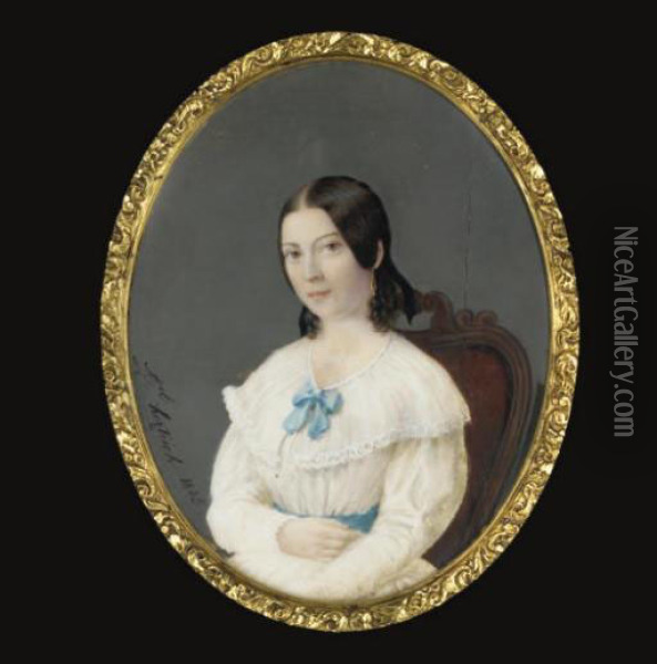 A Young Lady, In White Dress With Blue Bow At Corsage And Blue Belt, Seated With Her Right Arm On Her Lap, Dark Hair, Gold Earring Oil Painting - Michel Hertrich