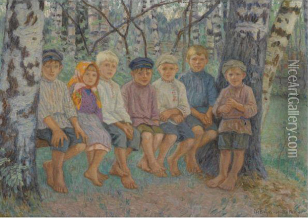 Children On A Bench Oil Painting - Nikolai Petrovich Bogdanov-Belsky