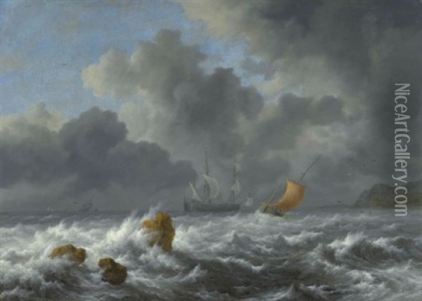 Sailing Vessels In A Stormy Sea Near A Rocky Coast Oil Painting - Jacob Van Ruisdael