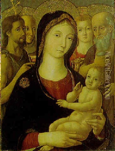 The Madonna And Child With Saints John The Baptist, Bernardino, Mary Magdalen, And Jerome Oil Painting - Pietro di Francesco degli Orioli
