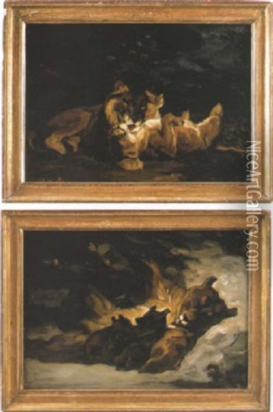 Lion Lechant Sa Lionne Oil Painting - Auguste Lancon