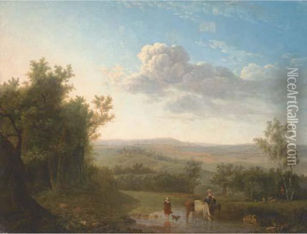 An Extensive Landscape With 
Cattle And Two Women Crossing A Ford, A Shepherd And Flock By A Tree Oil Painting - Jean Louis (Marnette) De Marne