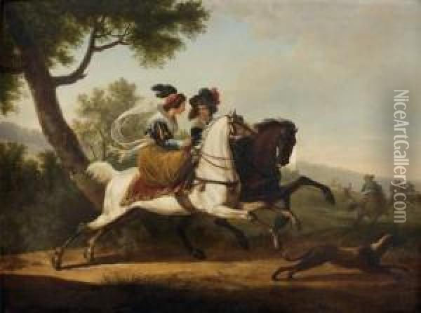Couple De Cavaliers Sur Fond De Chasse A Courre Oil Painting - Edouard Bernard Swebach