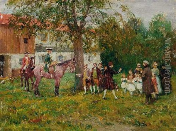 Empfang Zweier Reiter Im Park Eines Gutshofes Oil Painting - Emmanuel Bachrach-Baree