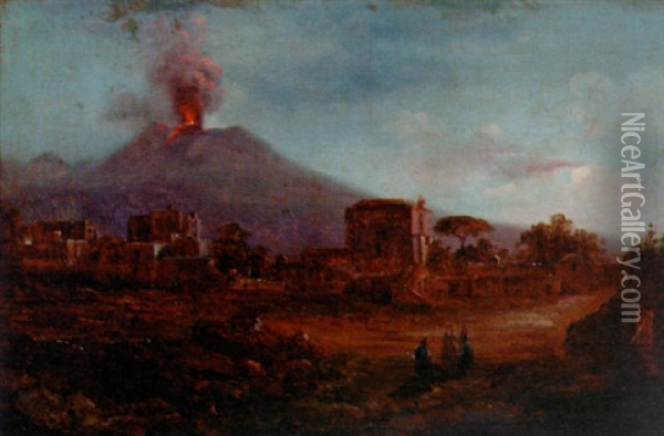 A Village Before A Smouldering Volcano Oil Painting - Giuseppe Carelli