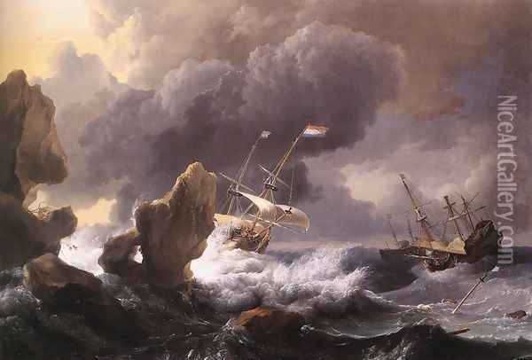 Ships In Distress Off A Rocky Coast 1667 Oil Painting - Ludolf Backhuysen