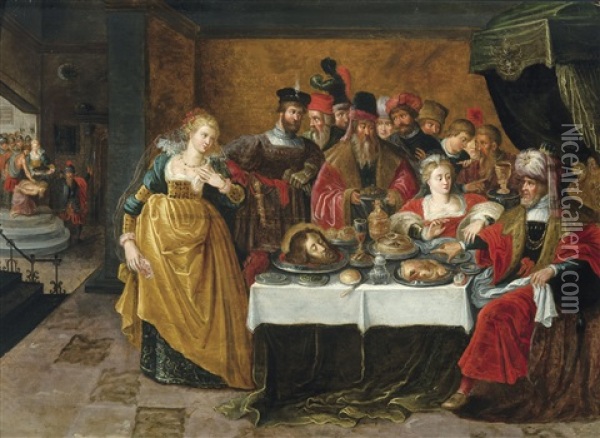 Salome Offering The Head Of St John The Baptist Oil Painting - Cornelis de Baellieur the Elder